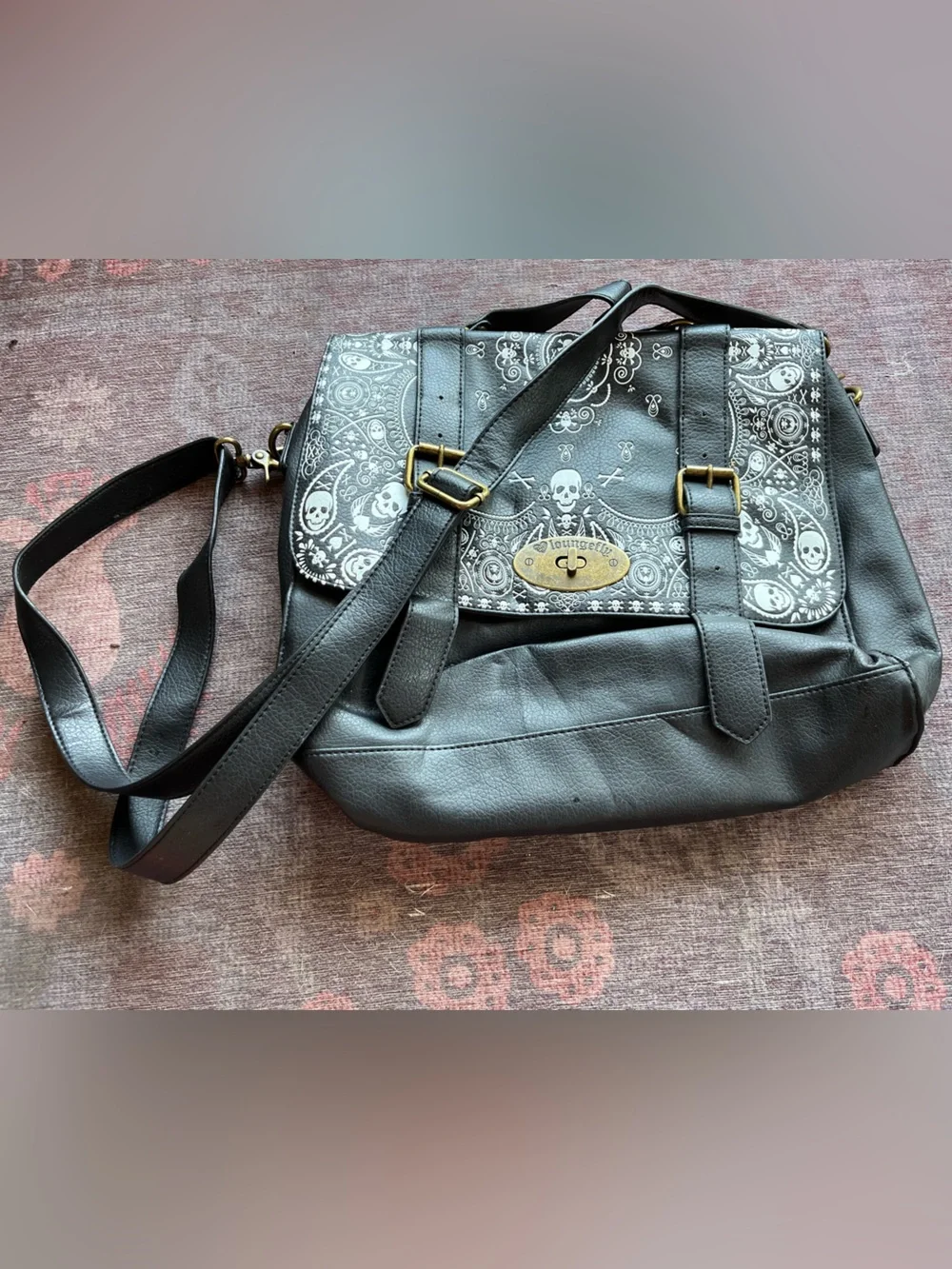 Loungefly Black Satchel Handbag with White Paisley Skull Print - Unisex